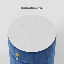 Blue Velvet Bedside Table with Storage Sintered Stone Top Round Bedside Table with 3 Drawers - thumbnail 8