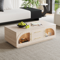 Arune Arched Glass Coffee Table Modern Whitewash Living Room Furniture with Storage and LED Light - thumbnail 3