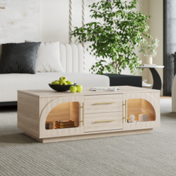 Arune Arched Glass Coffee Table Modern Whitewash Living Room Furniture with Storage and LED Light - thumbnail 1