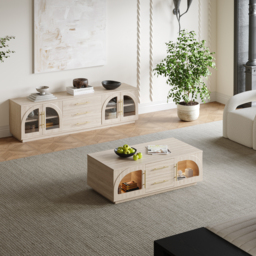 Arune Arched Glass Coffee Table Modern Whitewash Living Room Furniture with Storage and LED Light - thumbnail 6