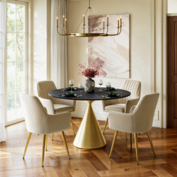 Modern 120cm Round Matte Sintered Stone Dining Table with Gold Pedestal Base, Seats 4 - thumbnail 3