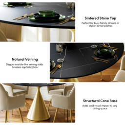 Modern 120cm Round Matte Sintered Stone Dining Table with Gold Pedestal Base, Seats 4 - thumbnail 5