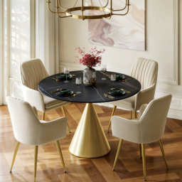 Modern 120 cm Round Matte Sintered Stone Dining Table with Gold Pedestal Base, Seats 4