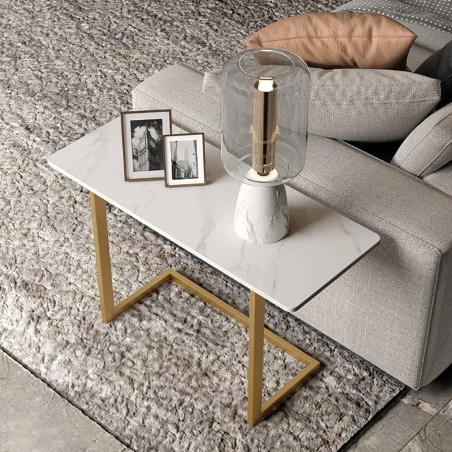 650mm C-Shaped Rectangle Sintered Stone Gold Finish Side Table - image 1