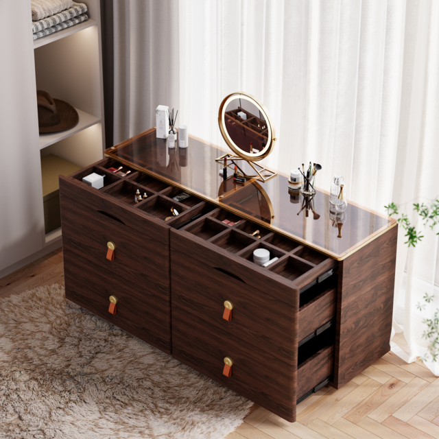 Glass Wood 1200 mm W Modern Walnut Dresser 6 Drawer Closet Island with Jewellery Display Storage - image 1