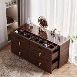 Glass Wood 1200 mm W Modern Walnut Dresser 6 Drawer Closet Island with Jewellery Display Storage - thumbnail 1