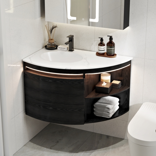 90 cm Corner Bathroom Vanity with Storage & LED Sensor Light - image 1