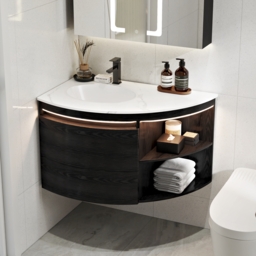 90 cm Corner Bathroom Vanity with Storage & LED Sensor Light - thumbnail 1