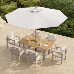 Tevara 8-Piece Rectangular Wood & Aluminium Outdoor Dining Set with Pillar Umbrella