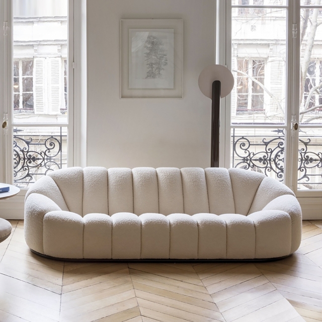 2100mm Modern Oval Boucle White Upholstered 3-Seater Sofa
