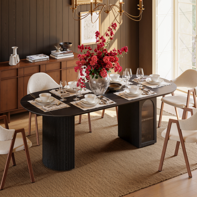 180cm Faux Travertine Oval Dining Table with Fluted Base & Storage - image 1