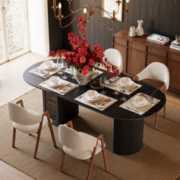 180cm Faux Travertine Oval Dining Table with Fluted Base & Storage - thumbnail 2