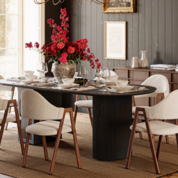 180cm Faux Travertine Oval Dining Table with Fluted Base & Storage - thumbnail 5
