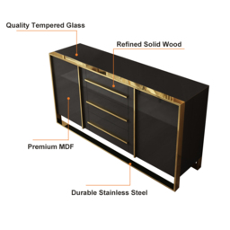 Cylina 1500mm Glossy Black Buffet & Sideboard with 3 Drawers & 2 Doors - thumbnail 5