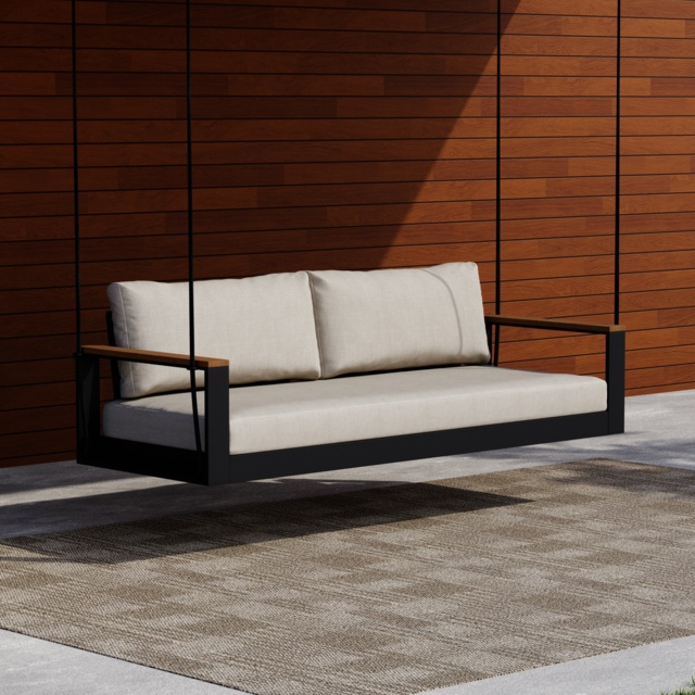 Tevara 2 Seater Solid Wood Outdoor Hanging Chair Sofa Porch Swing Bench in Beige Cushion & Pillow Included - image 1