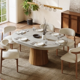 Japandi 100 - 140 cm Extendable Dining Table for 6 Grey Oval&Round Pedestal - thumbnail 3