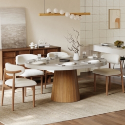 Japandi 100 - 140 cm Extendable Dining Table for 6 Grey Oval&Round Pedestal - thumbnail 5