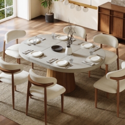 Japandi 100 - 140 cm Extendable Dining Table for 6 Grey Oval&Round Pedestal - thumbnail 1