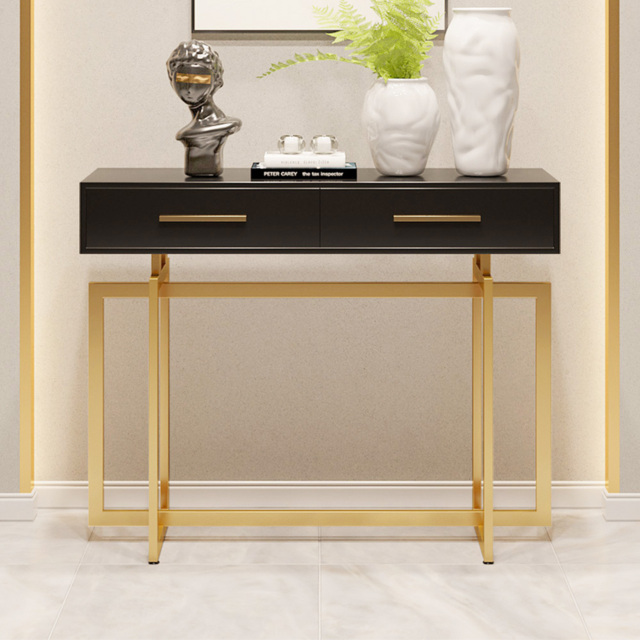 1200mm Modern Narrow Black Console Table with Storage Drawers and Metal Legs in Gold - image 1