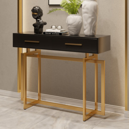 1200mm Modern Narrow Black Console Table with Storage Drawers and Metal Legs in Gold - thumbnail 2