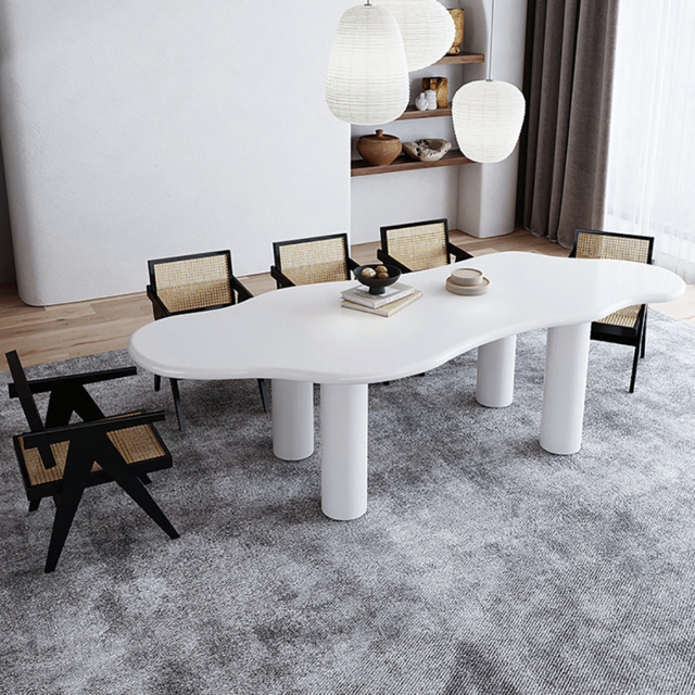 "Irregular Dining Table 4-Leg 71"" for 6 Person Japandi White"
