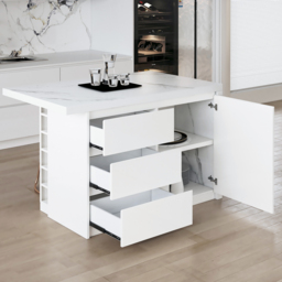 130 cm Large Kitchen Island Marble Veneered Top with Storage White Kitchen Cabinet - thumbnail 9