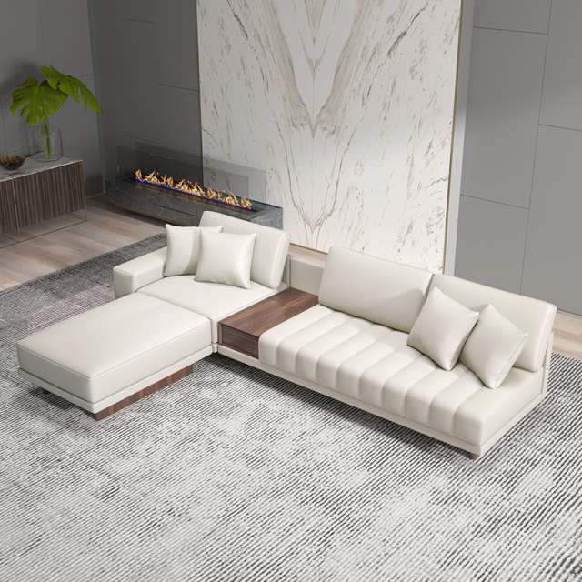 320 cm Leather L-Shaped Modular White Sectional Sofa with Storage Side Table and Ottoman - image 1