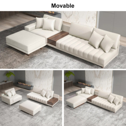 320 cm Leather L-Shaped Modular White Sectional Sofa with Storage Side Table and Ottoman - thumbnail 9