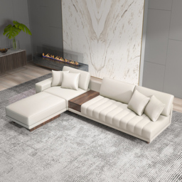 320 cm Leather L-Shaped Modular White Sectional Sofa with Storage Side Table and Ottoman