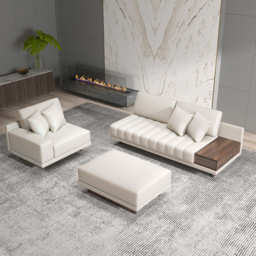 320 cm Leather L-Shaped Modular White Sectional Sofa with Storage Side Table and Ottoman - thumbnail 3