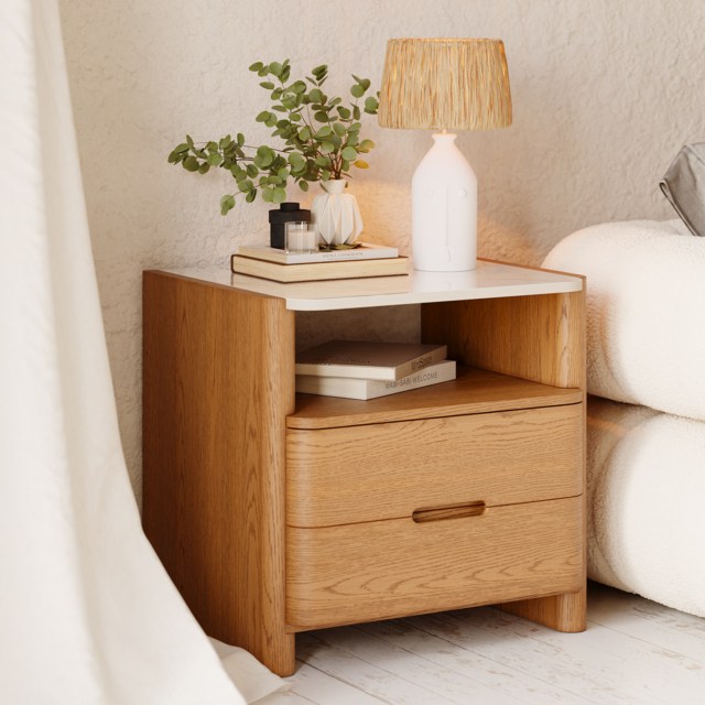 Modern Sintered Stone Top Bedside Table with Drawers & Shelf - image 1