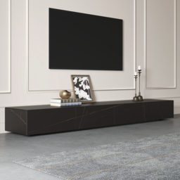 2200 mm Black TV Stand Faux Marble with Storage - thumbnail 6