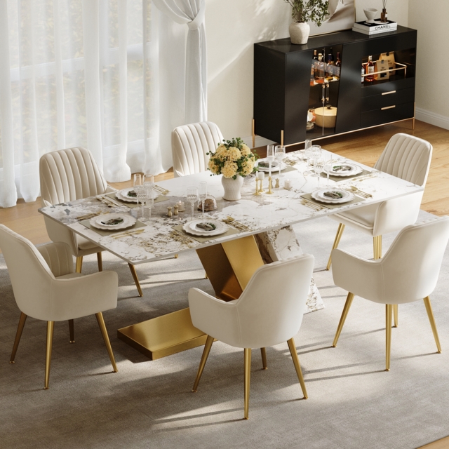 Modern 1800mm Rectangle Sintered Stone Dining Table with 6 Chairs in Gold - image 1