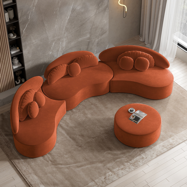 3700mm 4-Piece Curved Velvet Sectional Sofa with Ottoman & Pillows - image 1