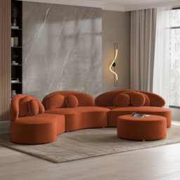 3700mm 4-Piece Curved Velvet Sectional Sofa with Ottoman & Pillows - thumbnail 3