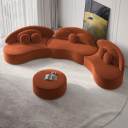 3700mm 4-Piece Curved Velvet Sectional Sofa with Ottoman & Pillows - thumbnail 2