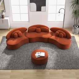 3700mm 4-Piece Curved Velvet Sectional Sofa with Ottoman & Pillows - thumbnail 5