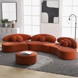3700mm 4-Piece Curved Velvet Sectional Sofa with Ottoman & Pillows - thumbnail 4
