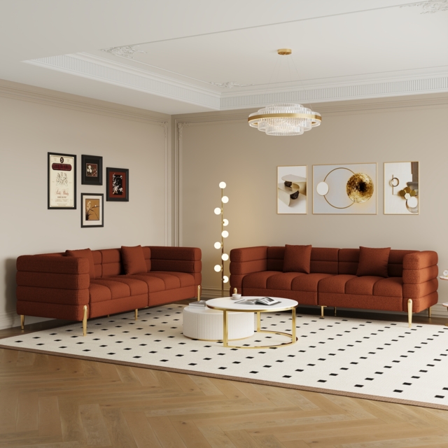 200 cm Modern Boucle Upholstered Fluted 3 Seater Sofa for Living Room with pillow Set of 2 - image 1