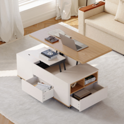 1200mm Lift-Top Foldable Natural & White Coffee Table with Drawers & Cabinet