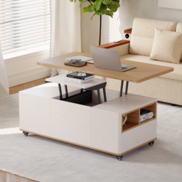 1200mm Lift-Top Foldable Natural & White Coffee Table with Drawers & Cabinet - thumbnail 2