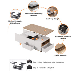 1200mm Lift-Top Foldable Natural & White Coffee Table with Drawers & Cabinet - thumbnail 6