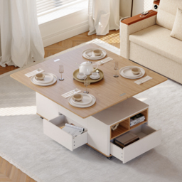 1200mm Lift-Top Foldable Natural & White Coffee Table with Drawers & Cabinet - thumbnail 3