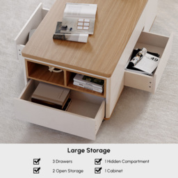 1200mm Lift-Top Foldable Natural & White Coffee Table with Drawers & Cabinet - thumbnail 9