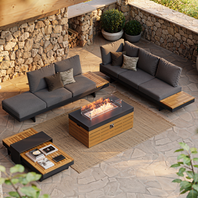 "Tevara 47"" 5-Piece Modular Teak Outdoor Sofa Set with Smokeless Fire Pit for 6 People" - image 1