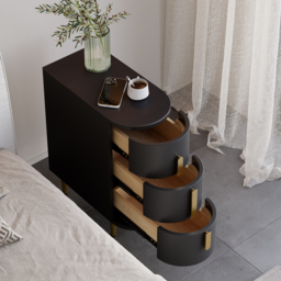 Modern Black Narrow 3 Drawer Nightstand Sintered Stone Top Bedside Table Set of 2 - thumbnail 3