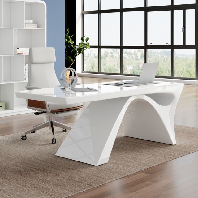 "71"" Modern White Computer Desk Rectangular Executive & Reclining Leather Office Chair" - image 1
