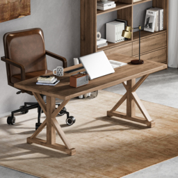 Vintage Style Rectangular Pine Wood Farmhouse Desk & Wood Adjustable Office Chair Set - thumbnail 1