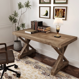 Vintage Style Rectangular Pine Wood Farmhouse Desk & Wood Adjustable Office Chair Set - thumbnail 2