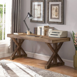Vintage Style Rectangular Pine Wood Farmhouse Desk & Wood Adjustable Office Chair Set - thumbnail 5